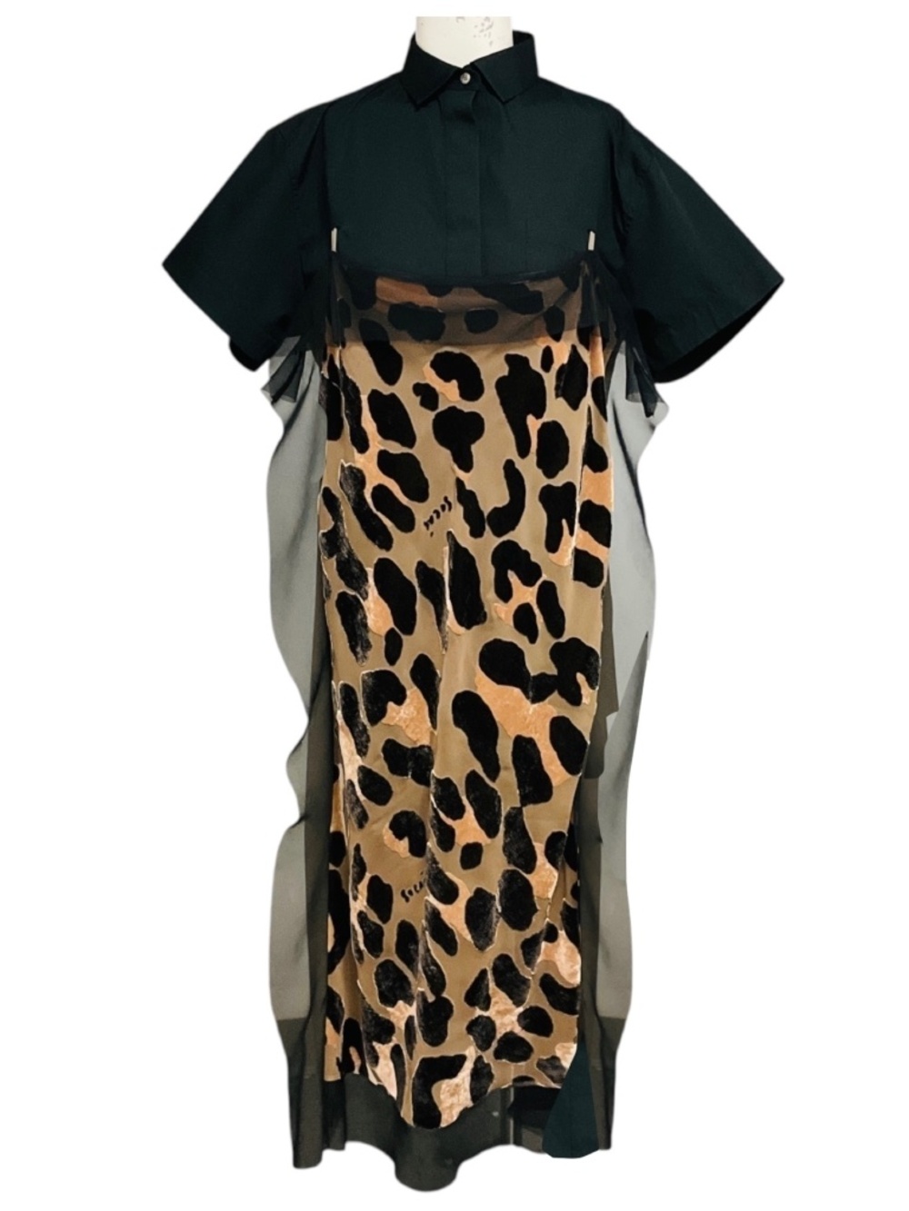 SACAI TAN / BLACK MULTI MIXED MEDIA LEOPARD PRINT MIDI DRESS